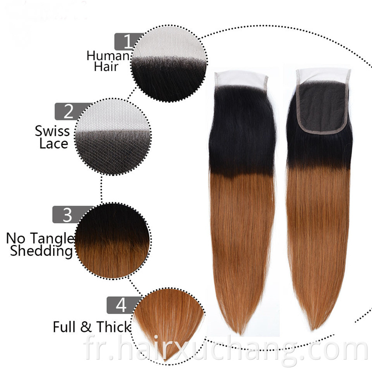 Nouveau produit Ombre 1B / 30 Extensions de cheveux humains Poules de cheveux indiens crus avec fermeture